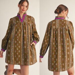 Green floral v neck banded cotton pocket boho western ruffle sleeve maxi dress